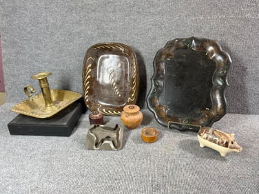 Redware, Brass Candle Holder, Pig Banks, Inkwell and More