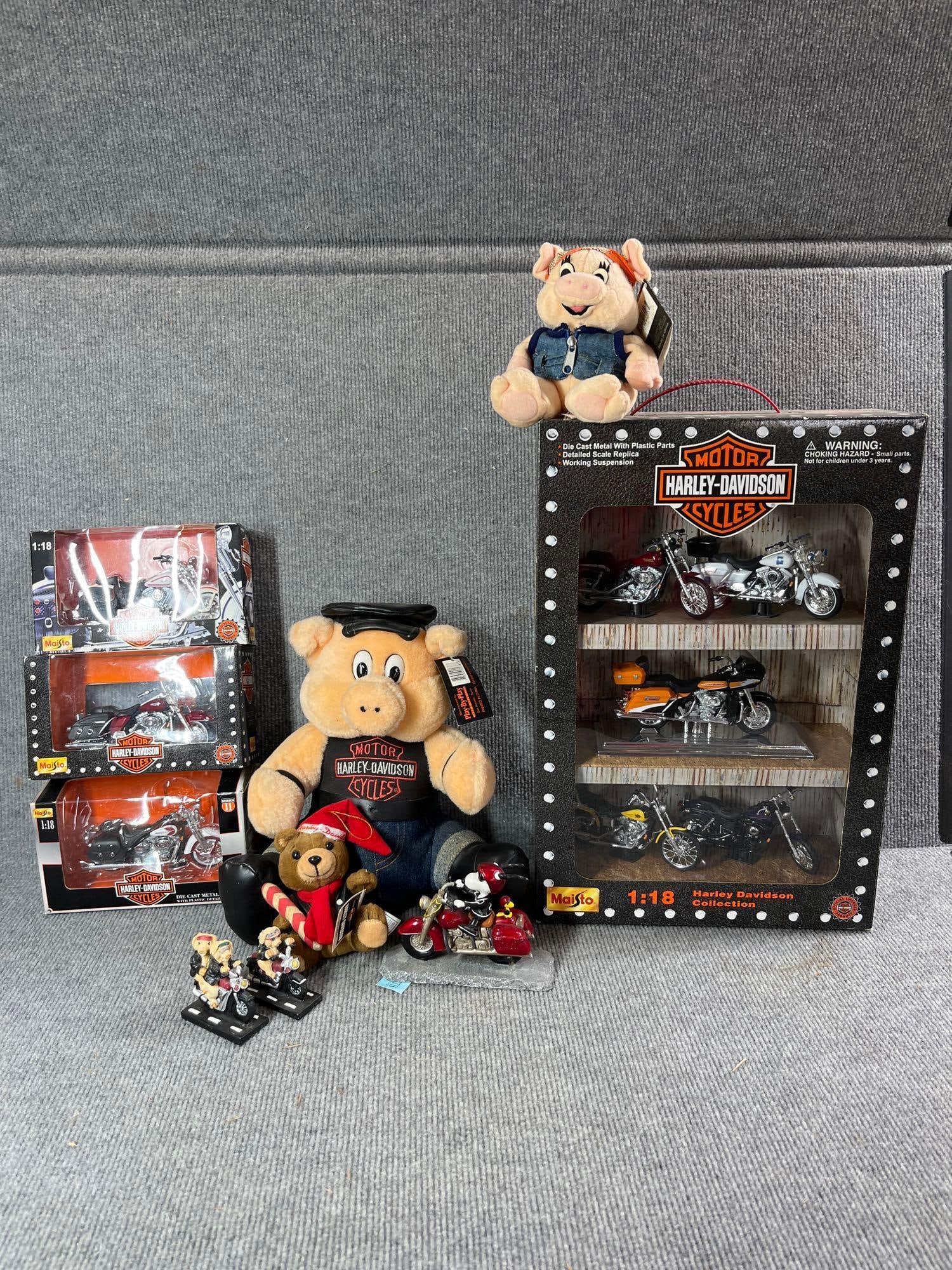 Harley Davidson Collectibles: Diecast motorcycles, plush, and figurines.