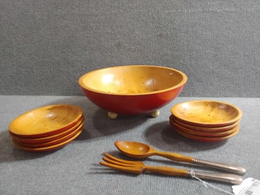 Red Painted Wooden Bowls & Sterling Silver Utensils