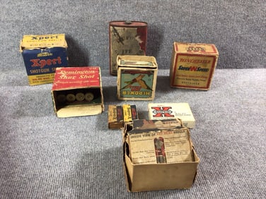 Remington, WInchester, and Western Ammo boxes with Dupont Powder Tin