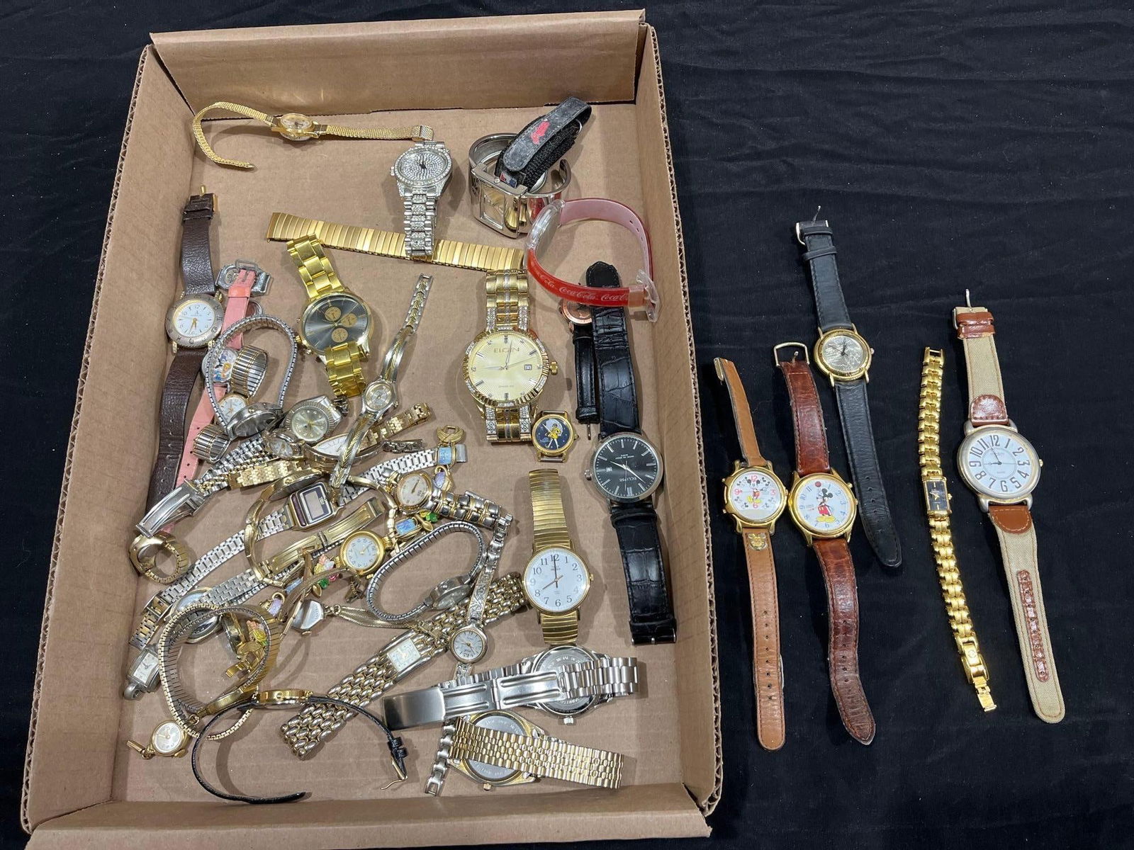 Ladies and Advertising Watches: Morton salt, Mickey Mouse, Disney, Cleveland Indians, and more. Some watch brands are Timex, Bulova, Seiko, Elgin, and more.