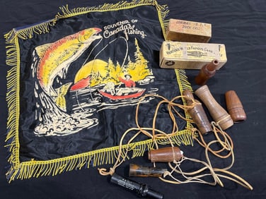 Old Wooden Duck Calls and Souvenir Canadian Fish Flag