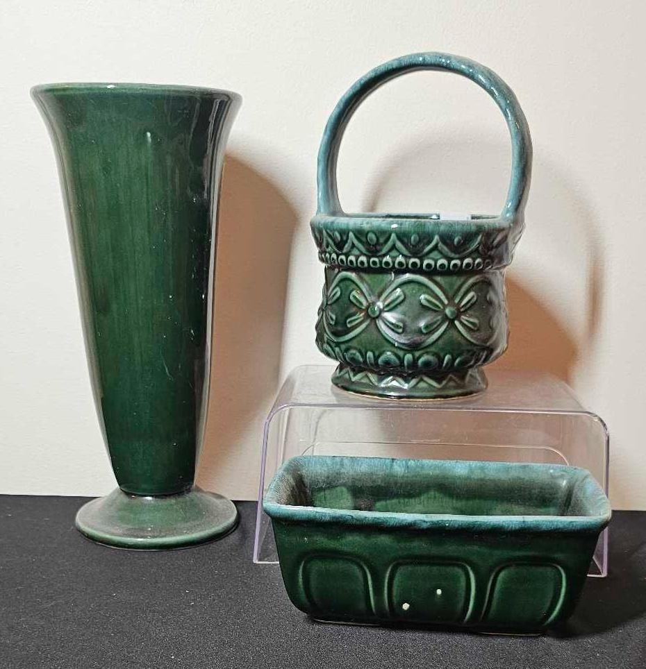 HULL POTTERY: INCLUDES 12 IN. VASE, BASKET, AND PLANTER