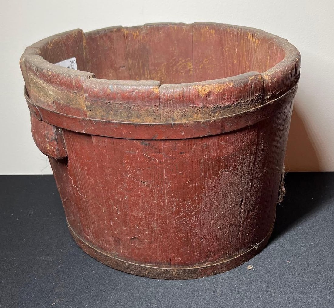 RED PAINTED PRIMITIVE WOODEN BUCKET (1 of 3)
