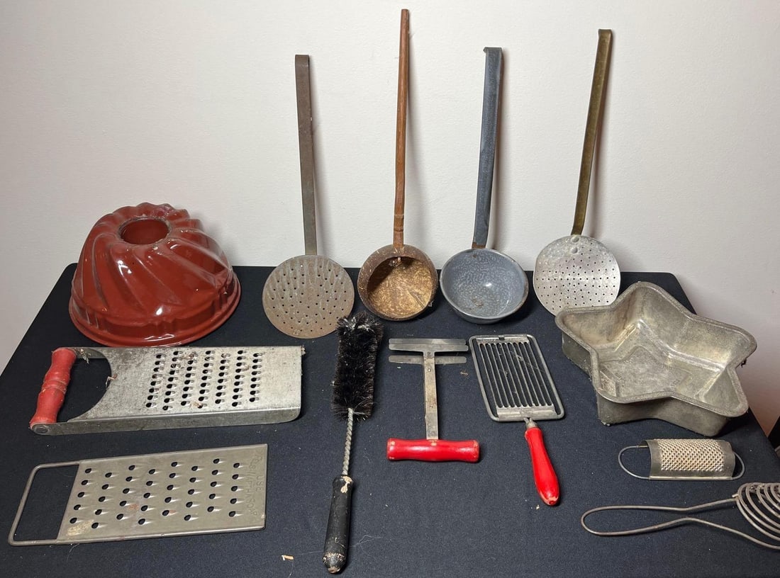 GREAT EARLY KITCHEN UTENSILS: ENAMELWARE, RED PAINTED HANDLED UTENSILS, GRATERS AND MORE