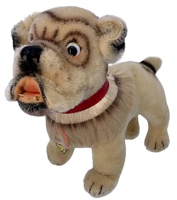 Early German STEIFF English Bulldog, Vintage Stuffed Animal Wool Dog Toy with Tags