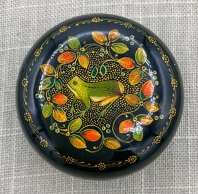 Miniature Russian Lacquer Handmade Lidded Circular Frog Ring, Trinket, Jewel Box