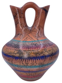 Large Native American Navajo Artist Yolanda Willie Carved Horsehair Wedding Vase