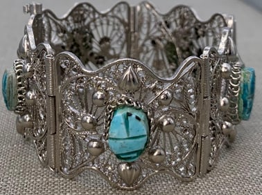 Mid Century Egyptian Silver Metal Openwork Filigree Pottery Scarab Link Bracelet