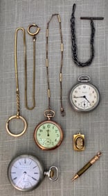 Vintage Pocket Watch, Victorian Push Pencil, Fob & Chain Lot