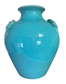 Large Turquoise Blue Vintage Earthenware J B Cole Style Twisted Shoulder Detail Pottery Vase