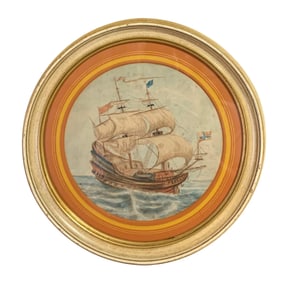 Early Maritime Naval Tallship Watercolor, Schooner, Sailing Ship Boat Artwork in Mid Century Frame