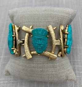 Exotic Mid Century COLCO Gods of Fortune 5 Panel Linked Gold Washed Metal Deity Bracelet