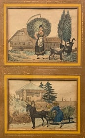 4 Miniature 19th Century Hand Tinted Bucolic Regency Farmstead Engravings in Mid Century Framing