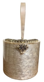 Incredible Mid Century WILARDY Marbled Nude Lucite Rhinestone Studded Crescent Moon Evening Bag