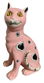 Early French Galle' Style Faience Pink Pottery Amber Glass Eyed Cat Statue