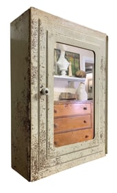 Chippy Art Deco Metal, Mirrored Door, Medicine & Remedies Vintage Wall Storage Cabinet