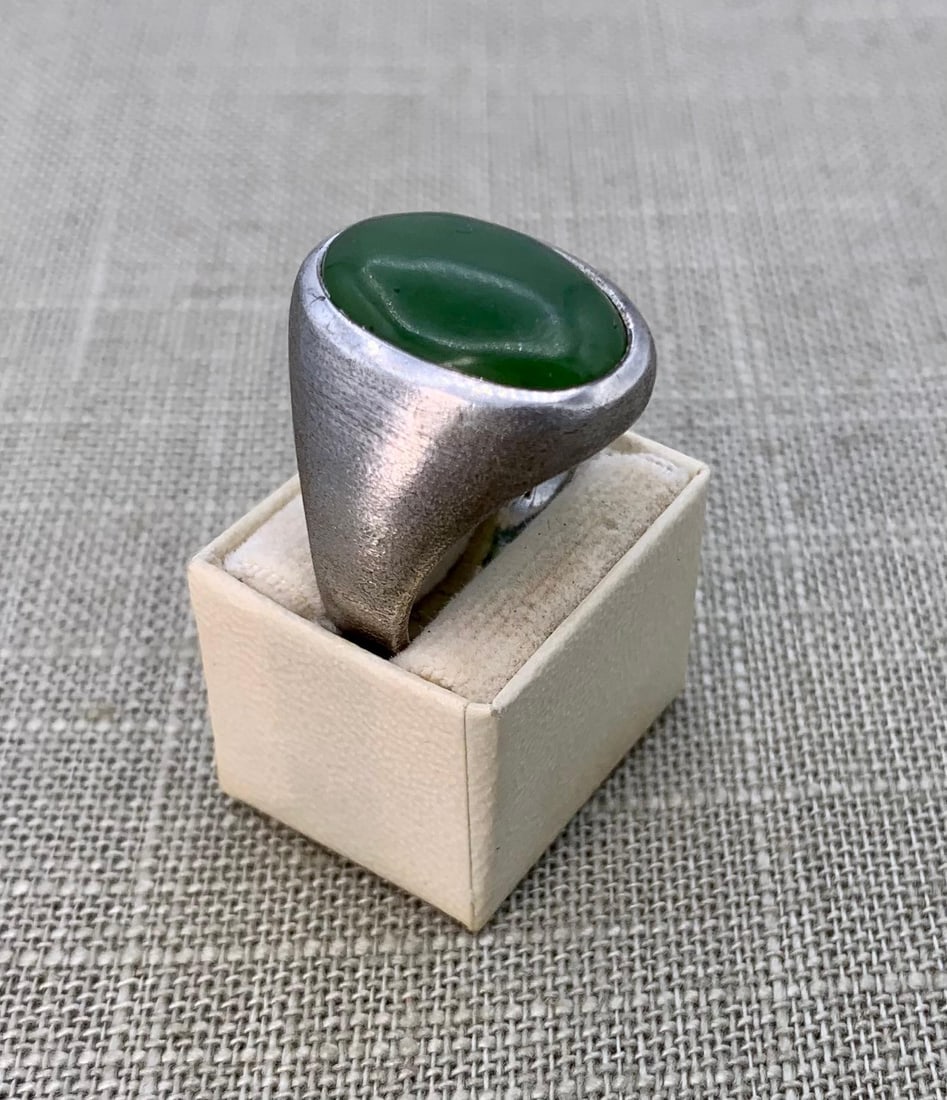 Timeless Mid Century Brushed Sterling Silver & Pine Green Jade Cabochon Men's Ring (1 of 10)