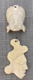 Pair Indigenous Hand Carved Bone Tribal Ceremonial Mask Pendants, Travel Souvenir Mementos