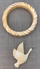 Hand Carved Bangle Bracelet & Flying Goose Brooch