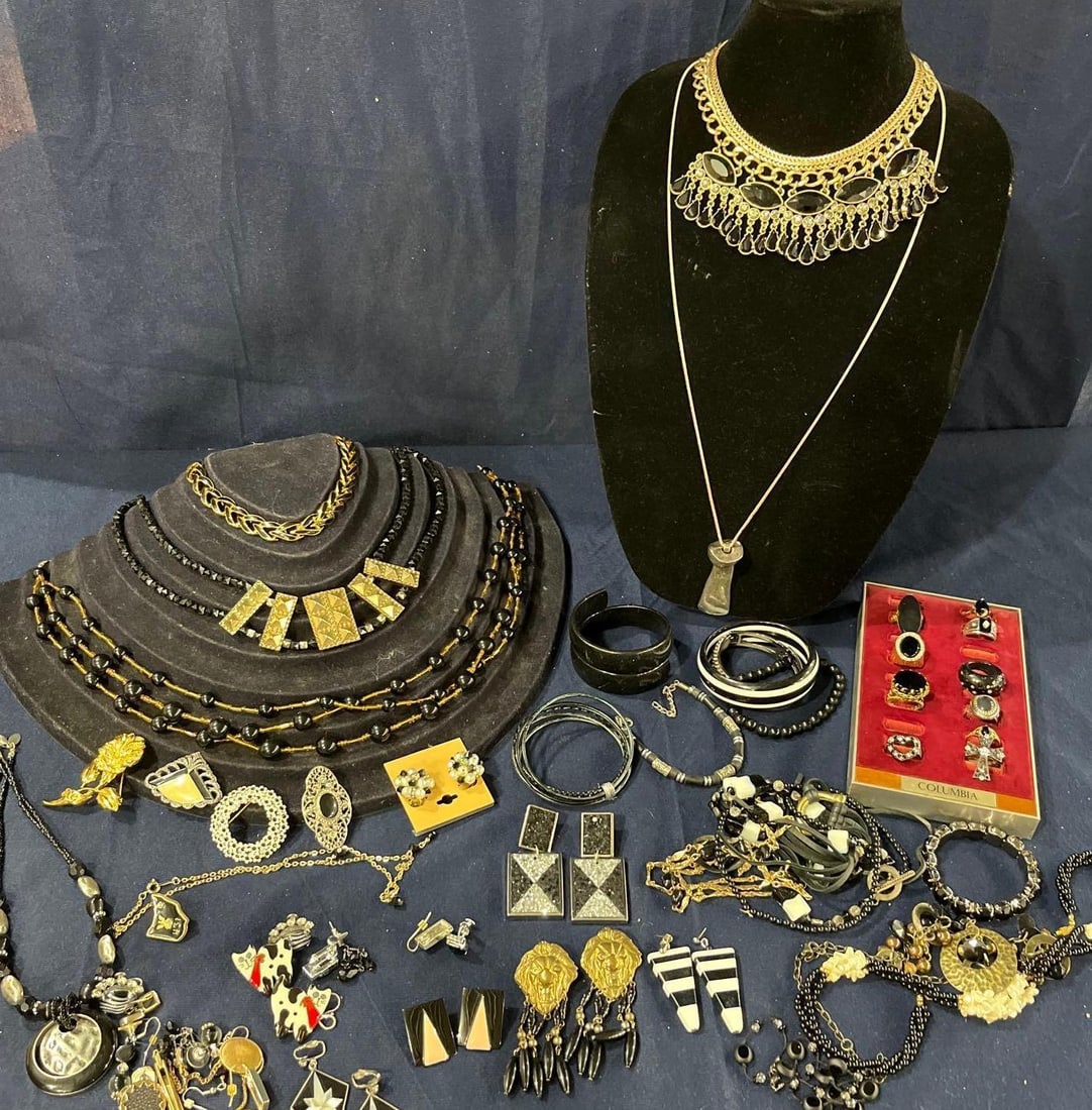 Black Gem & Onyx Jewelry: 65 pieces including many rings, necklaces, bracelets, and more
