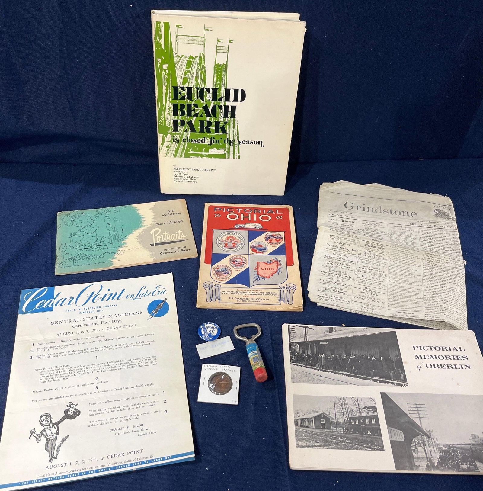 Early Ohio Euclid Beach, Cleveland, Berea, Memorabilia: Books depicting local Ohio parks and points of interest. Ness for Mayor Badge, bottle opener and Cleveland NSPA 1930s button.