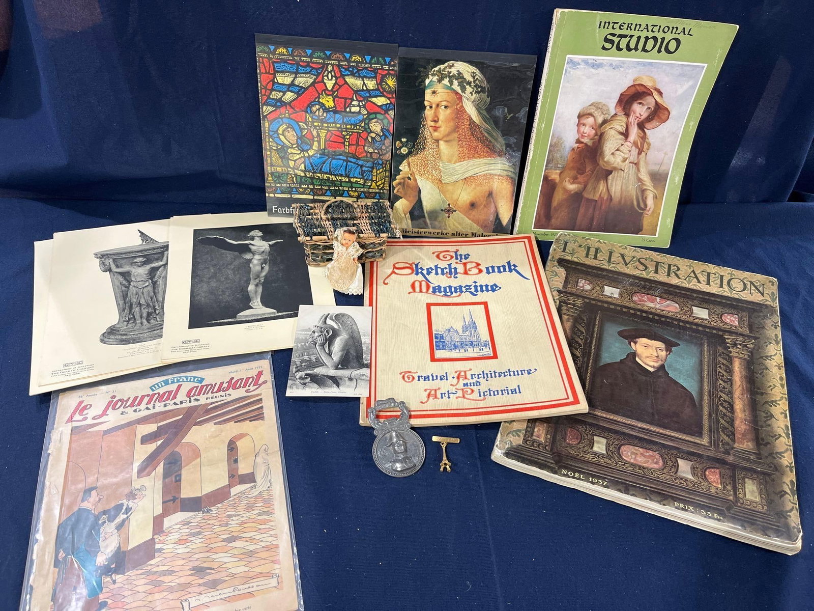 French Parisian & Art: French souvenir doll, Mini trunk, brooch, bottle opener, post card, ephemera, 1920s-1930s German art and more
