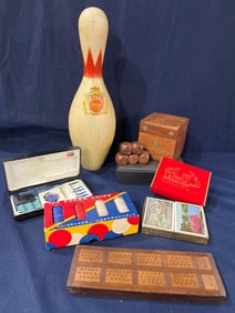 Kin Wooden Bowling Pin, Dice, and Game Pieces
