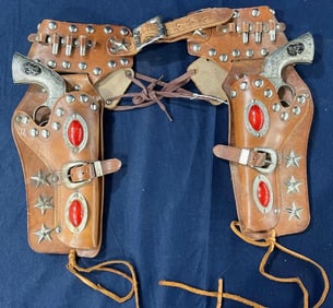 Deputy Hubley Cap Guns in Ornately Decorated Leather Holster