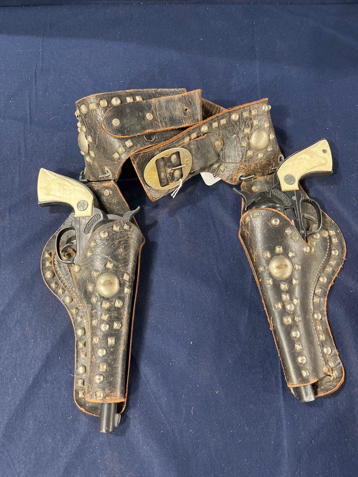 Early Studded Leather Hip Holster W Hubley Cap Guns: Faux bone embossed steer cowboy grips