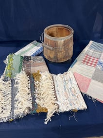 Hand Stitched Quilt Topper, loomed rugs, and Primitive Dry Goods Bucket