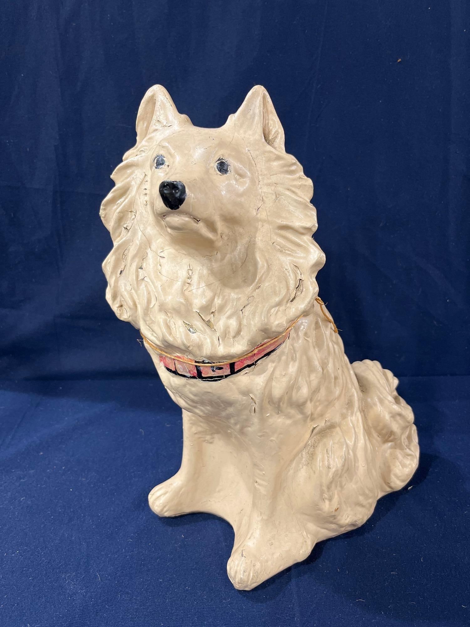 Chalkware Collie Dog: A few areas of loose paint and chipping. Overall solid condition with no major breaks. 16 inches tall