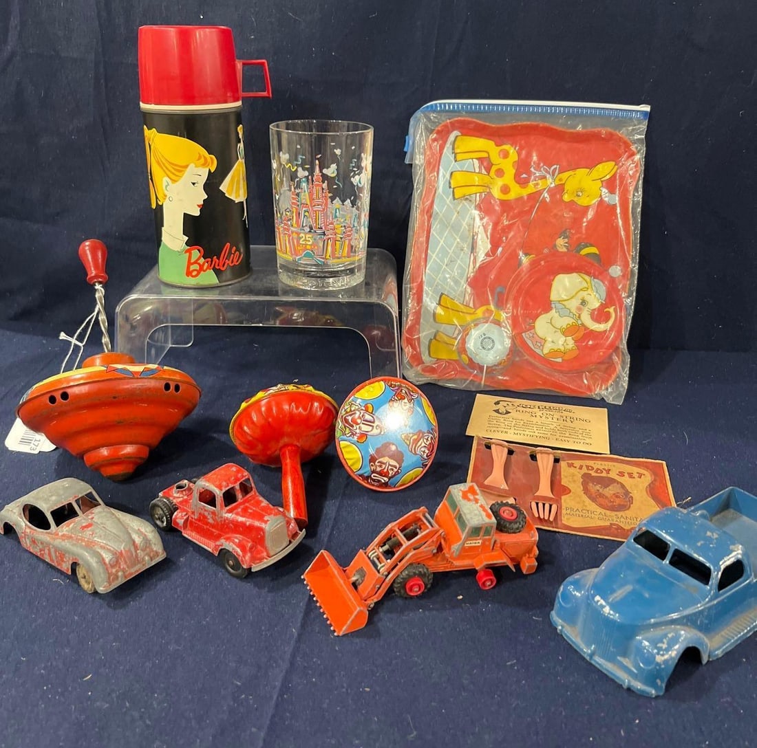Boys & Girls 1940s-1950s Toys: Tin Cars, Mattel Barbie Thermos, Disney glass, Tin trays, tops, and more great toys