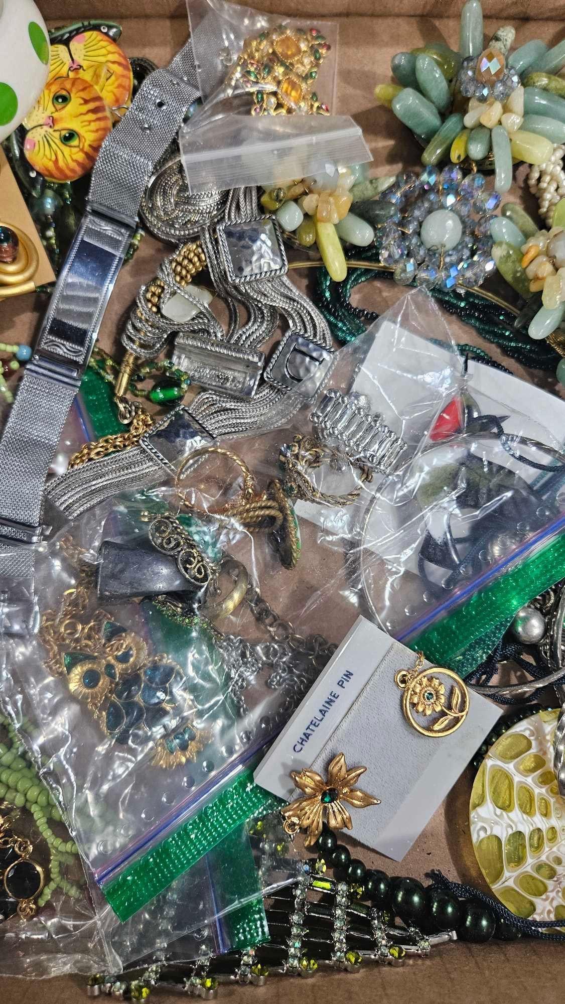 Shades of Green Ladies Costume Jewelry: Bracelets, necklaces, rings, and many great pieces. 63 items in total.