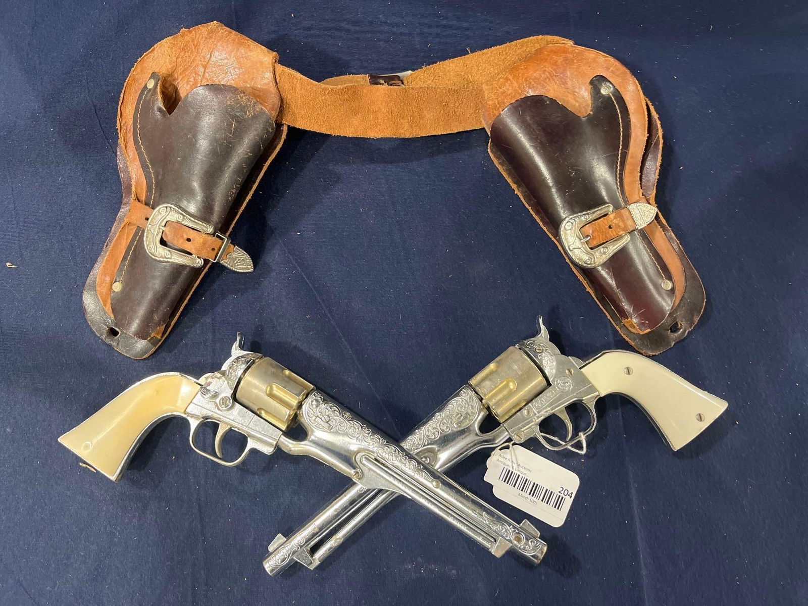 Colt 45 Hubley Cap Gun W Holster: Leather holster marked Colt with buckles and plastic ammo