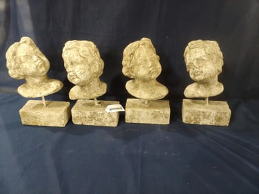4 Terra Cotta Cherub Faces on Concrete Base