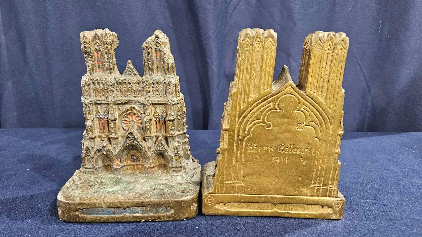 1918 Rheims Cathedral bookends: Each is highly detailed, 8x6x3.5