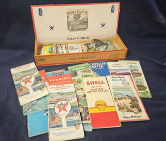 Vintage Cuban Planter wooden cigar box & Gas, Service Station, Maps