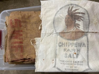 CHIPPEWA FARM SALT SACK AND LARGE LOT OF BURLAP SACKS