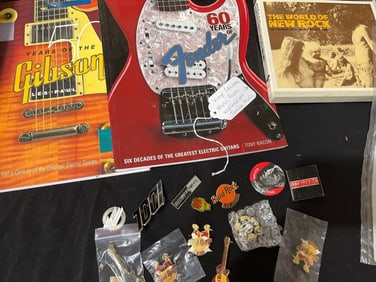 VINTAGE ROCK AND ROLL MEMORABILIA PINS, VINYL AND MORE