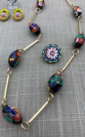 Vintage Millefiori, Micro Mosaic, Floral Inlaid Earrings, Ring & Oval Glass Bead Necklace