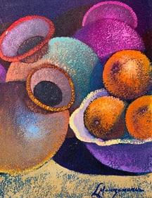 Pair Hand Painted Oil on Paperboard Fruit & Pottery Still Life Paintings, Artist Signed