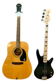 2 Vintage Guitars: JAZZ Electric Bass Guitar & Acoustic Epiphone Studio Staging Decor