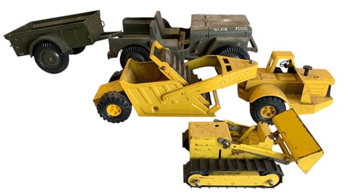 Vintage GI Joe Jeep & Trailer, Nylint Elevating Scraper & Structo Bulldozer Toys