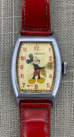 1940s Mickey Mouse Wind-up Ingersoll Wristwatch with Original Red Patent Leather Band