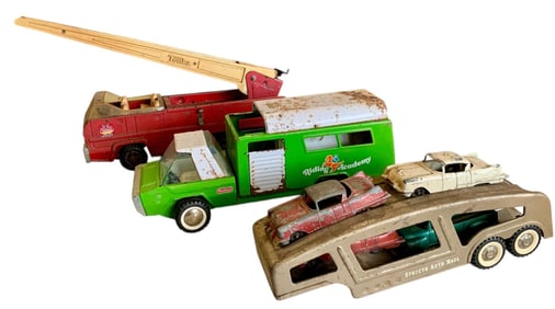 Vintage Buddy L Academy Riding Trailer, Tonka Fire Engine & Structo Auto Haul Trailer Toys