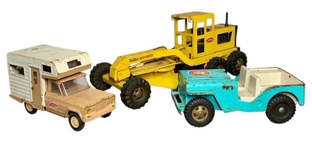 3 Vintage TONKA Toys: Camper, Jeep, Construction Road Grader