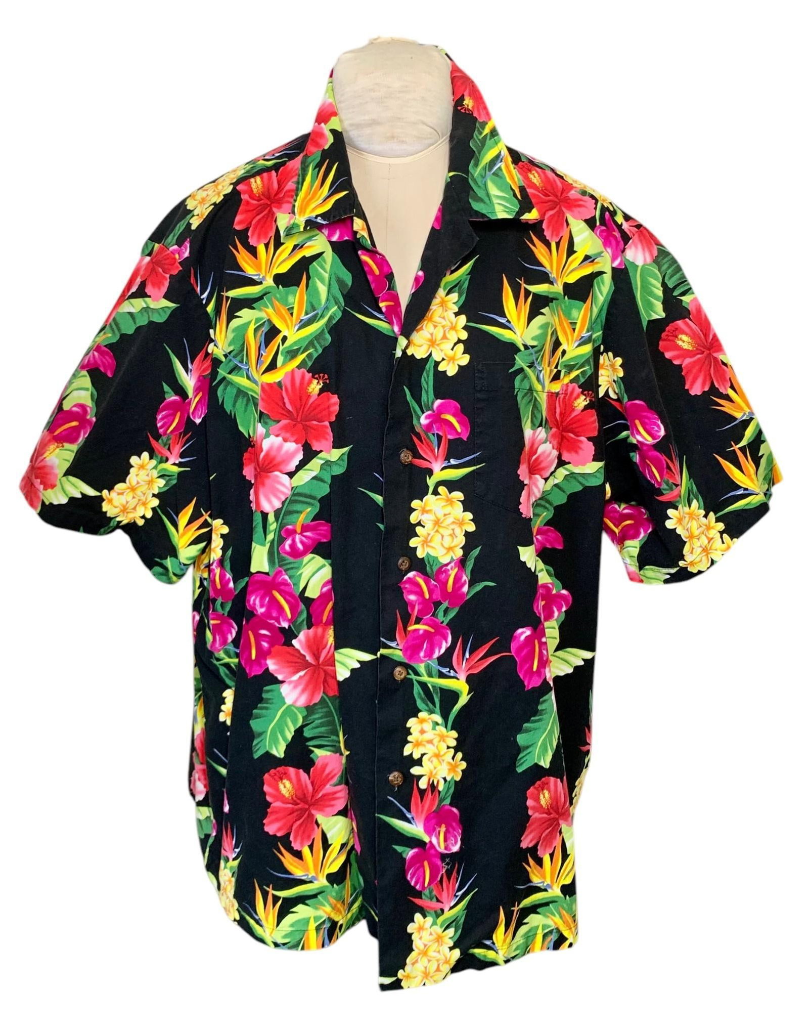 Vintage Made in Hawaii Men's Styled by RJC Hawaiin Bird of Paradise Tropical Shirt: Button closure, breast pocket, RJC label at nape, 2XL size, vivid hues and quality crafted, made in Hawaii.