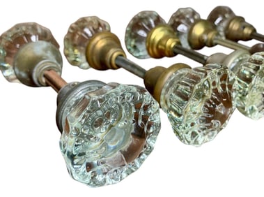 5 Antique Clear Glass Doorknob Sets & 2 Large Faceted Crystal Knobs