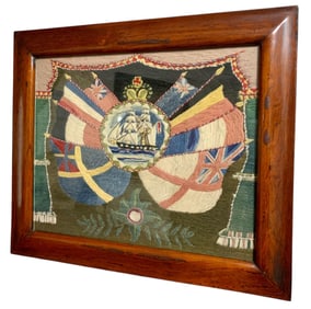 Fantastic 19th Century British Naval Woolsey Framed Maritime Ship Wool Embroidery